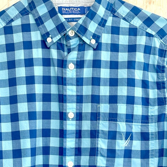 🦃 Men’s Nautica Classic Fit Stretch Blue Plaid Button Down S - Picture 3 of 7